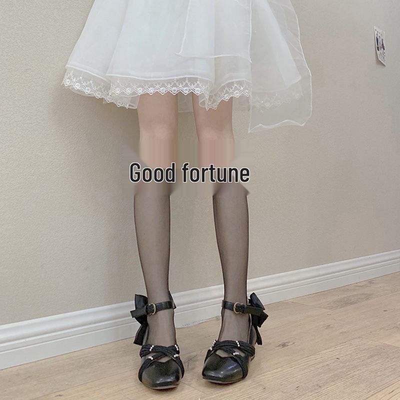 Women's Japanese Lolita Bow Lace Mid-Calf Socks - Black, Thin Summer Silks