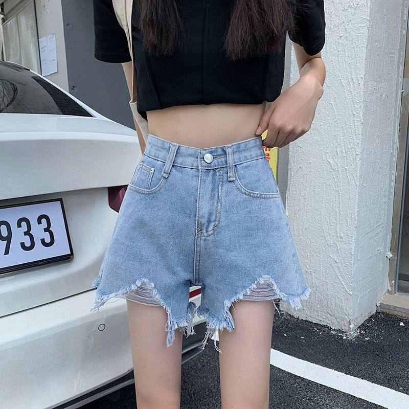 Pantaloncini di Jeans Neri a Vita Alta Comodi Skinny alla Moda e Versatili da Donna Sezione Sottile Gamba Larga Larghi Sottili con Bordo Grezzo Estivi