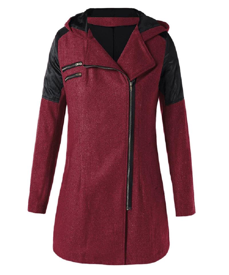 Wollmantel für Damen im europäischen und amerikanischen Stil mit Kapuze und schrägem Reißverschluss – dicker, warmer, mittellanger Windbreaker