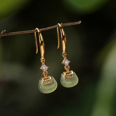 Pendientes de Jade Hotan Natural Verde Pendientes Pendientes para Mujer Vintage Ruyi Pendientes Colgantes Estilo Clásico Joyería Exquisita