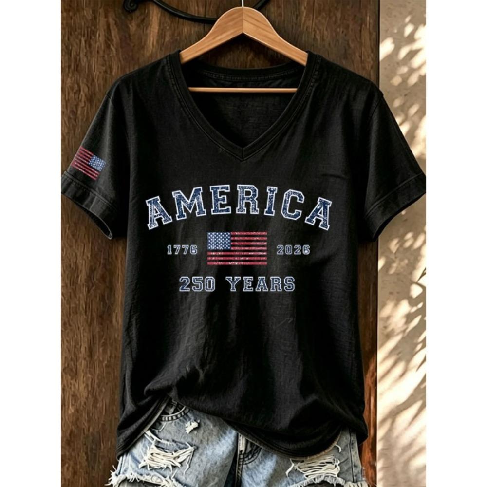 ilstile Women's America 250 Years Print T-Shirts Summer Short Sleeve Casual Loose T Shirt V Neck Tops White Tees Hot Sale