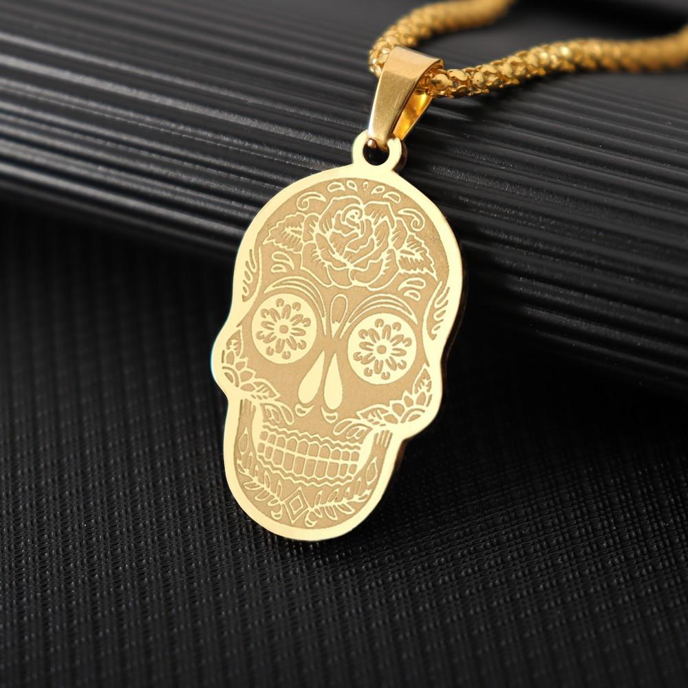 Fashion Pop Stainless Steel Flower Skull Pendant Necklace Skull Pendant Necklace Holiday Gift Accessories