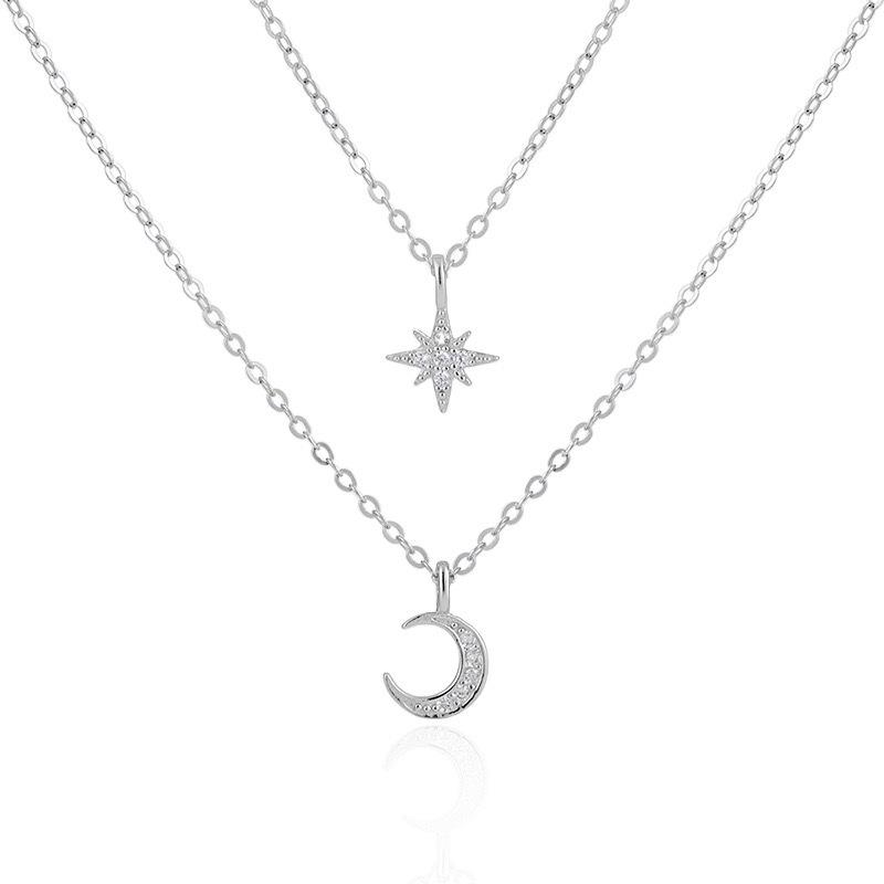 S925 Sterling Silver Star Moon Hexagram Double Layer Necklace for Women - Trendy Collarbone Chain