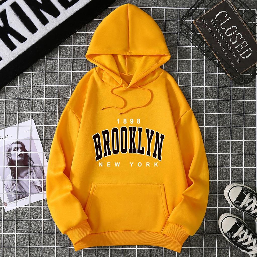 Brooklyn Print Fleece Hoodie: Autumn/Winter Loose Fit for Women & Couples