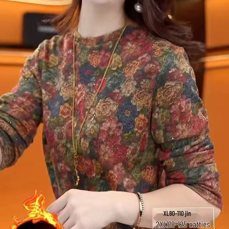 Elegant Age-Reducing Printed Long Sleeve Velvet Top - Slim Fit for Autumn/Winter