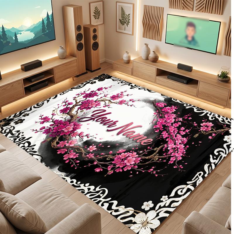 Floral Garden Theme Soft Crystal Velvet Rug Custom Name & Text Print Non Slip Floor Rug for Bedroom Living Room
