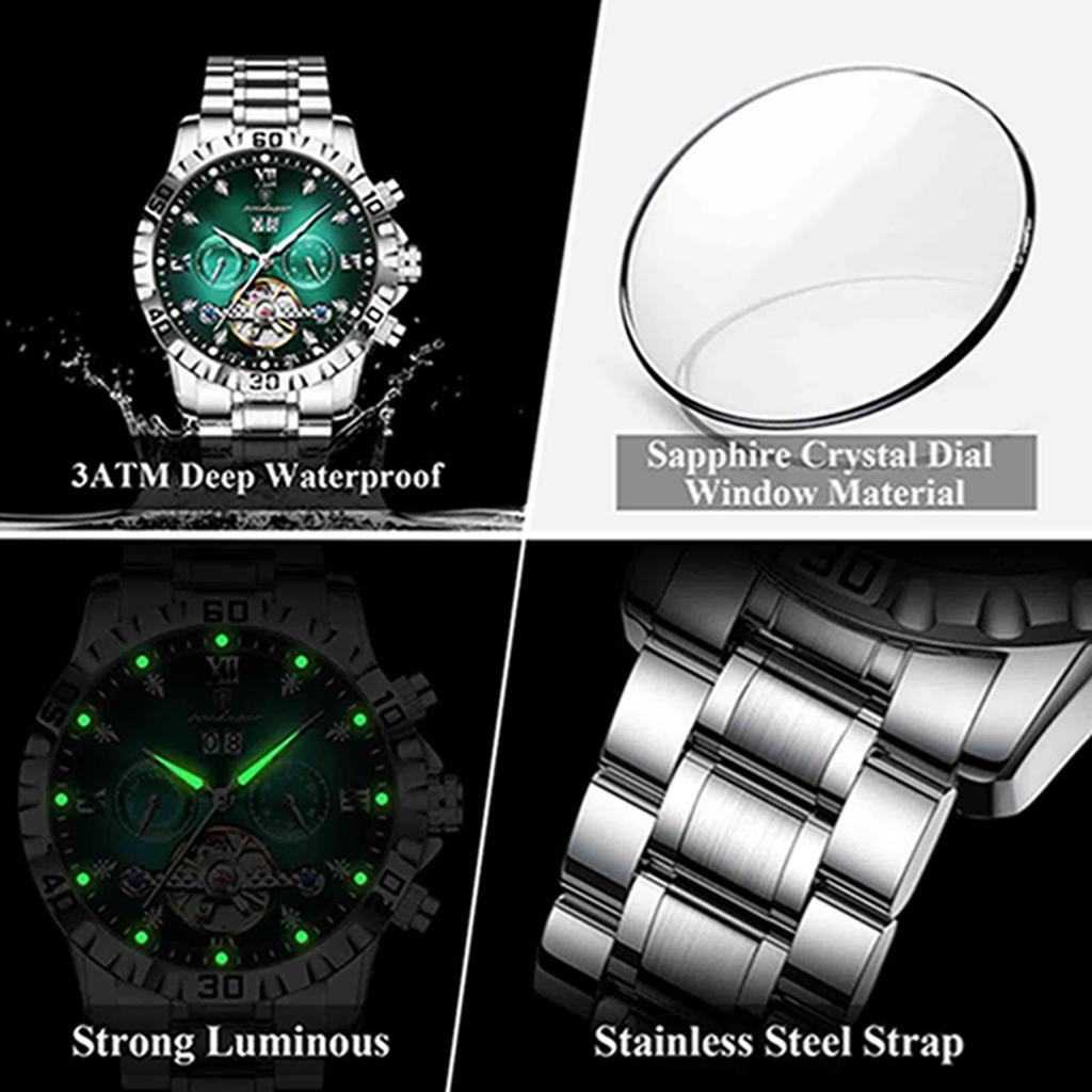 POEDAGAR Top Luxus Herrenuhr Automatisch Datum Woche Herren Armbanduhr Hohl Tourbillon Mechanisch Edelstahl Herrenuhr