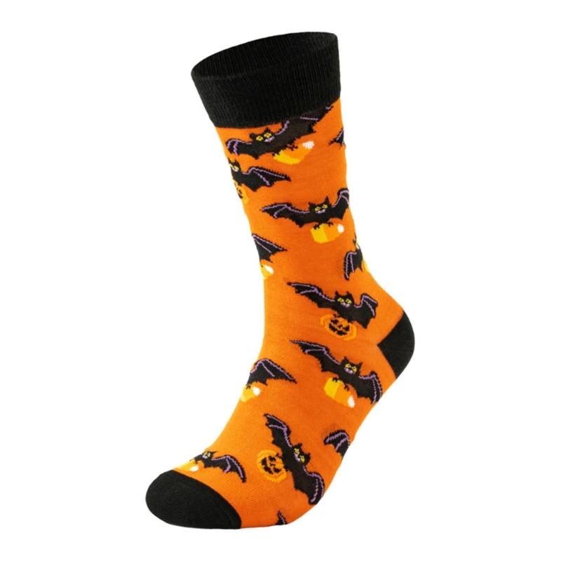 Halloween Themed Cotton Socks Elastic Cuffs Breathable Fabric Practical Wear Festive Ghosty Pumpkin Patterns