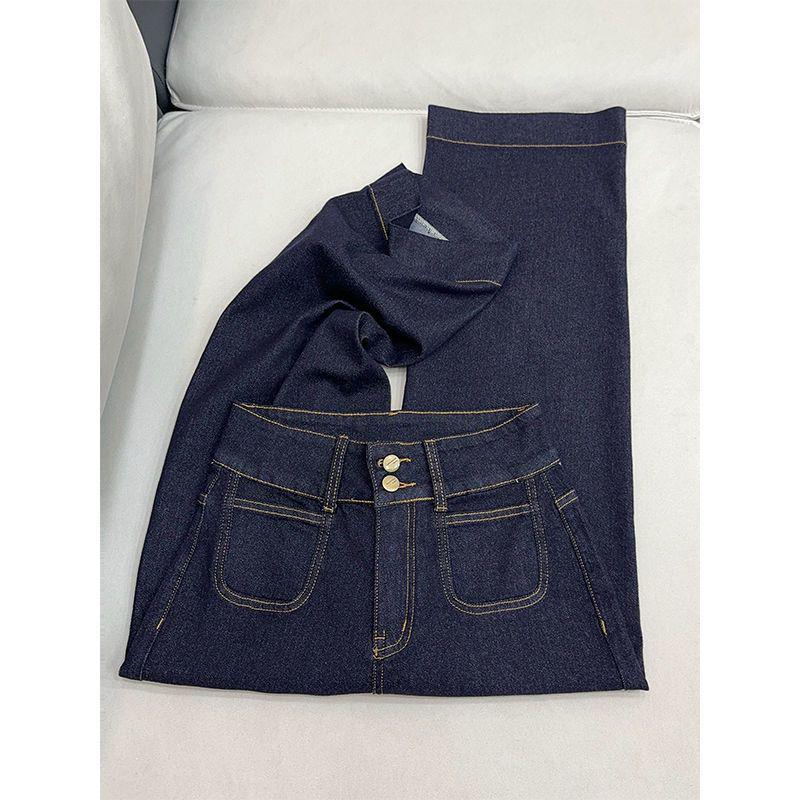 

2025 Denim Blue High-Waisted Straight-Leg Jeans for Women - Autumn/Winter Velvet Lined Loose Slimming Cigarette Pants S [80-95 lbs]