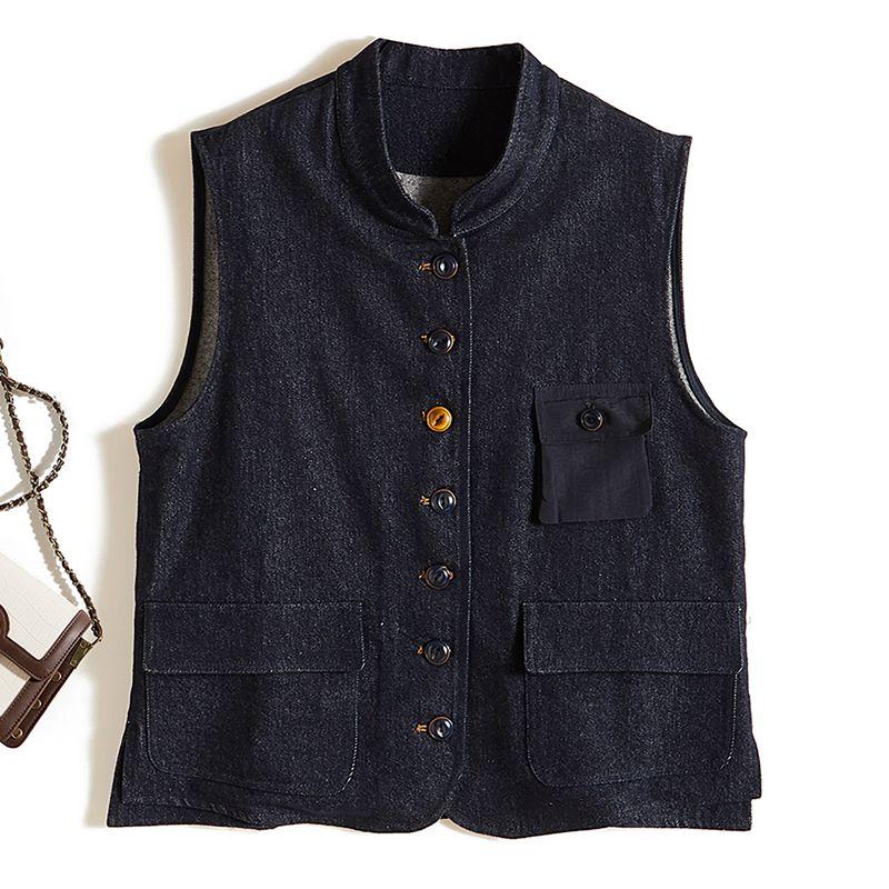 

South korea Single Age-Reducing Stand Collar I-Shaped Single-Breasted Washed Cotton Gray Blue Vest Women 2025 Spring and Autumn Slimming Outerwear Dark blue L