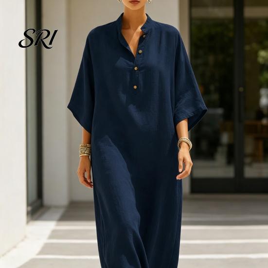 Women Dress Summer Stand Collar Maxi for Half Sleeve Button Up Curve Accentuating V Neck Long Loose Flowy Beach Sundress with Pockets V-neck