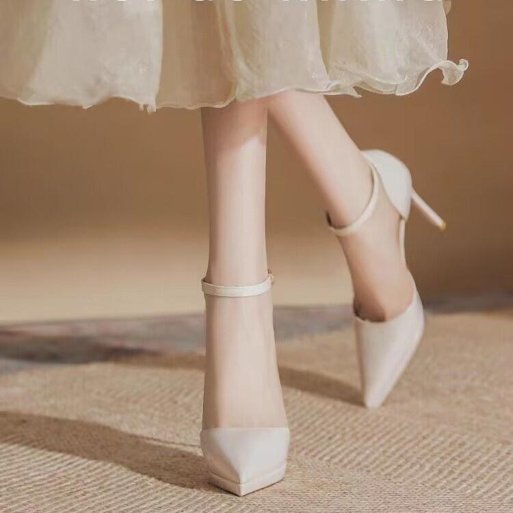 One Word with Waterproof Table High Heels Women's New Pointed Head Thin Heel Black Patent Leather Single Shoes Bag Head Hollow Sandals
