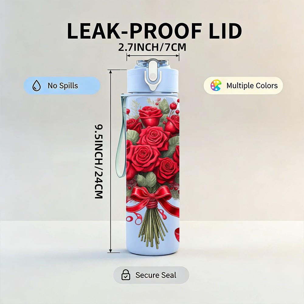 1PC Red Rose Bouquet Floral Print 750ml Color Plastic Sports Water Bottle Leakproof Flip Straw Lid Suitable for Sports Office Home Use