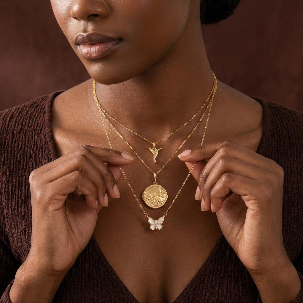 Simple Butterfly Bird Open And Close Round Album Pendant Gold Titanium Steel Necklace Electroplated Copper 18K Real Gold
