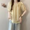 Women Square Neck Bow Puff Short Sleeve Blouse, Ruffle Hem Textured Loose Summer Shirt Top