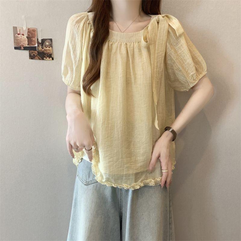 Women Square Neck Bow Puff Short Sleeve Blouse, Ruffle Hem Textured Loose Summer Shirt Top