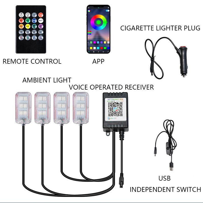 LED Car Interior Ambient Foot Light Kit With USB Wireless Remote Music APP Control Auto Atmosphere Neon RGB Decorative Lamp