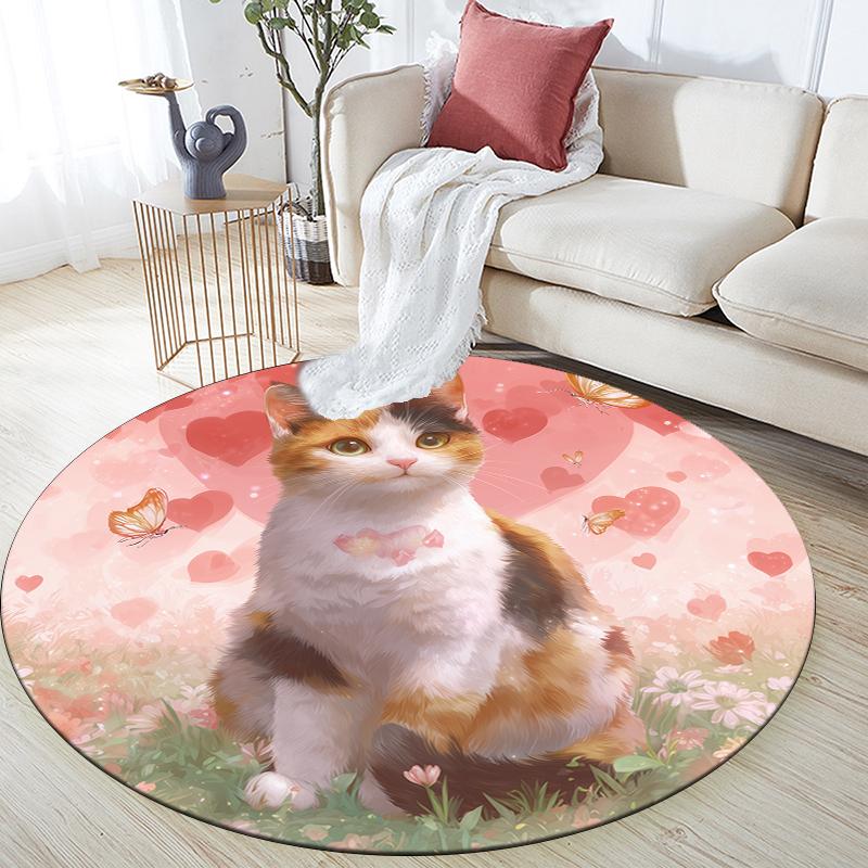 Pink calico cat pattern round rug,Carpet Rug for Living Room Bedroom Playroom ,Non-slip Floor Mat,Holiday Gifts and Birthday Gifts.