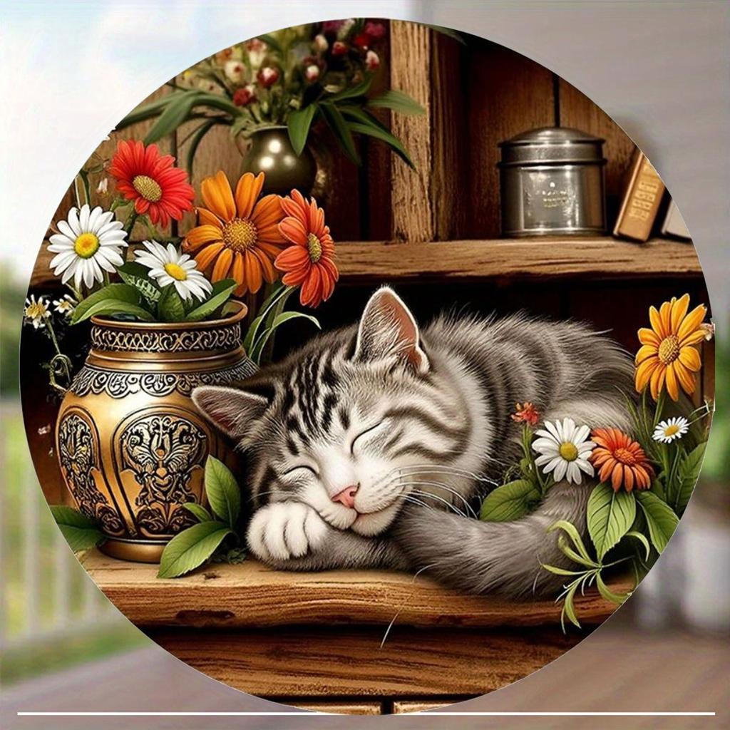 Hisun Tin Sign Vintage Sleeping Tabby Cat  Flowers Round Tin Sign Retro Cozy Cottagecore Themed Metal Wall Art Plaque Waterproof Rustic Iron
