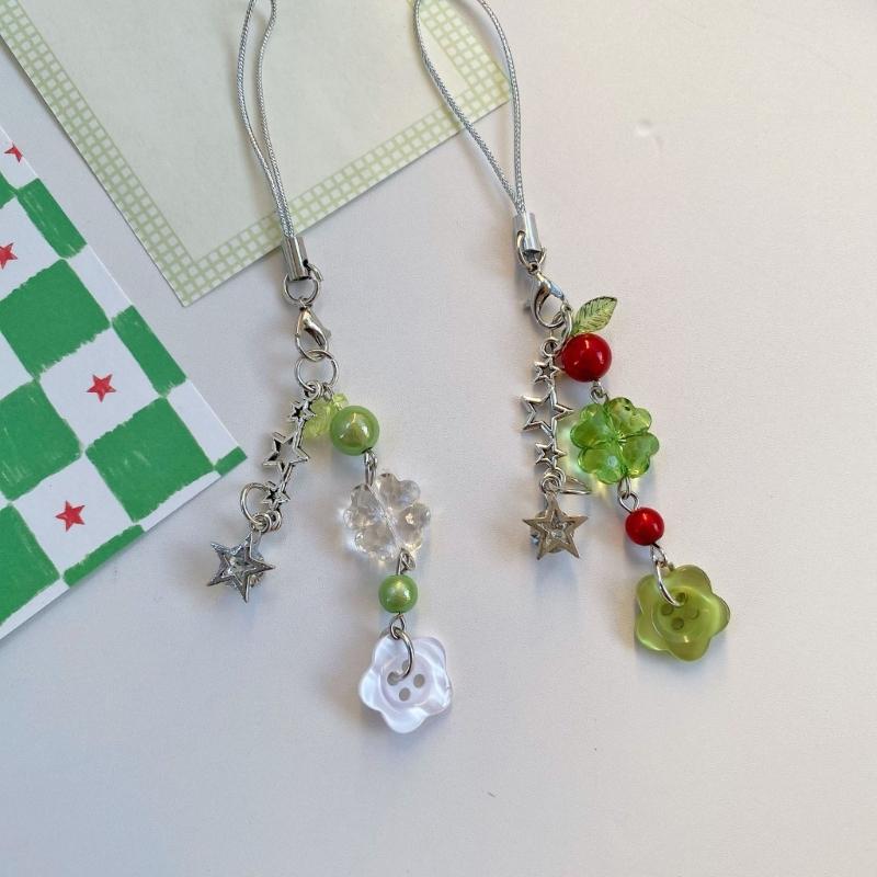 Fashionable Four Leaf Grass Keychain Button Inspired Beaded Charm Hanging Pendant Korean Style Decoration