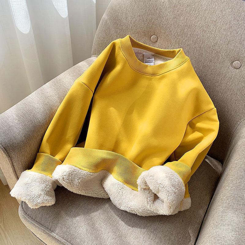 Women's Loose Lambswool Sweatshirt - Korean Style Casual Plus Velvet Thick Top for Autumn/Winter 2023.