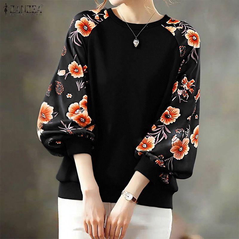 ZANZEA Women Casual Round Neck Floral Splice Long Sleeve Pullover Tops