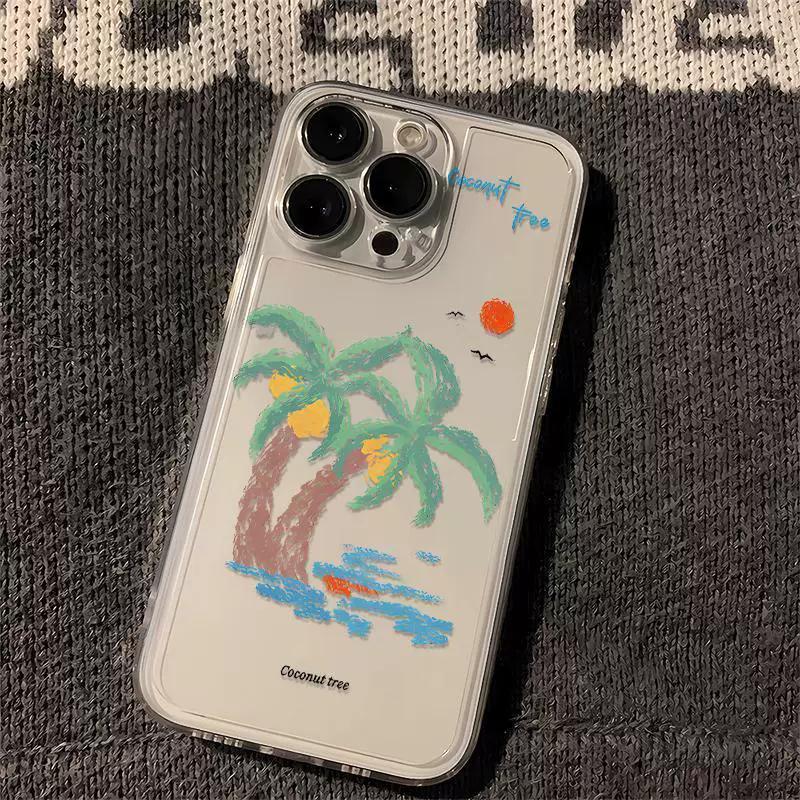 Coconut Tree Clear Phone Case, Hand-Drawn Summer Beach Palm Tree Shockproof Cover for iPhone