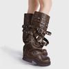 Fashion Autumn Winter Vintage Rivet Belt Buckle Women Punk Motorcycle Boots Fashion Square Heeled Knee-high Knight Tube Long Booties