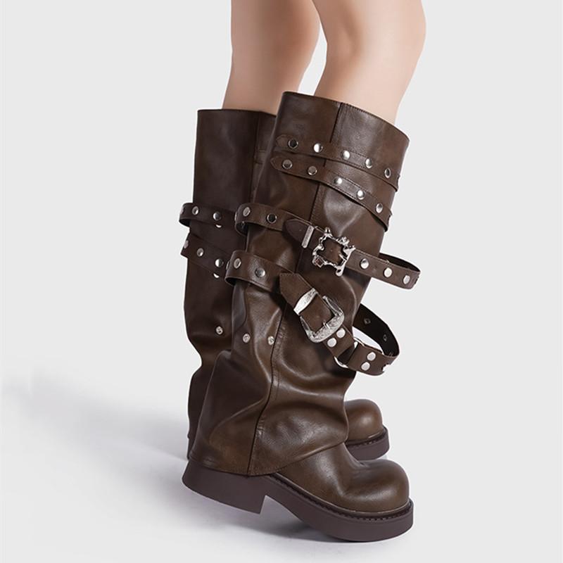 Fashion Autumn Winter Vintage Rivet Belt Buckle Women Punk Motorcycle Boots Fashion Square Heeled Knee-high Knight Tube Long Booties