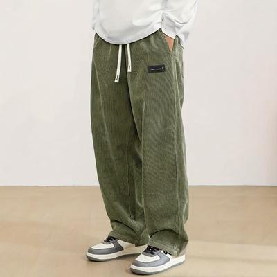 Men'S Corduroy Straight Leg Pants with Drawstring Waist, Pockets, and Logo Design  Stretchy Casual Fit for Everyday Wear Spring