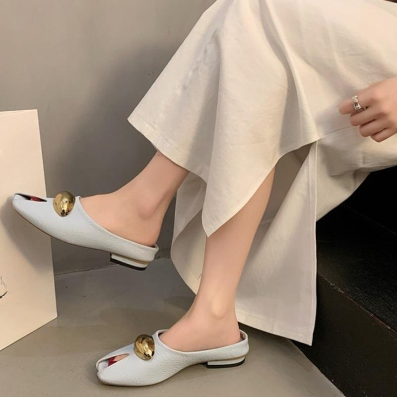 Fashion Metal Buckle Square Toe Low-heeled Slippers Summer New Wrapped Head Foot Soft Sole Anti-slip Wear-resistant Cool Mopping