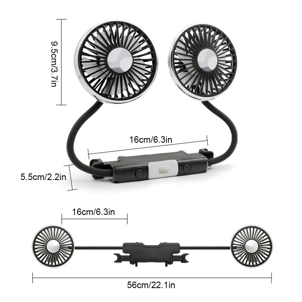 360° Rotatable Car Cooling Fan USB Powered Dual Fan Heads 3 Wind Speed Levels 12V Automotive Fan