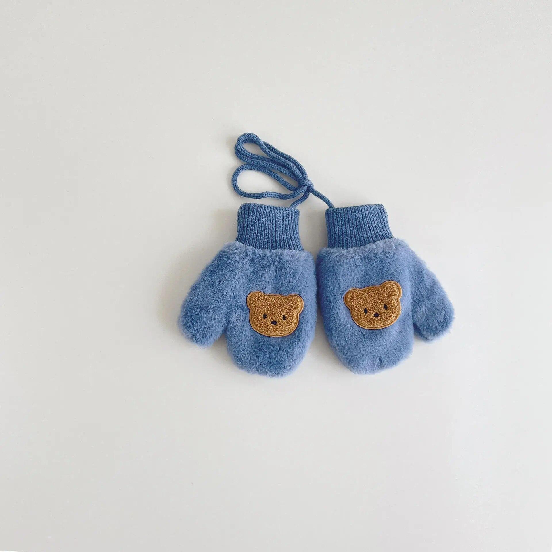 

1 пара детских шерстяных варежек Kawaii, кукла, перчатки с медведем для малышей, мальчиков и девочек, теплые уличные лыжные перчатки, осенне-зимние перчатки для детей от 1 до 4 лет синий