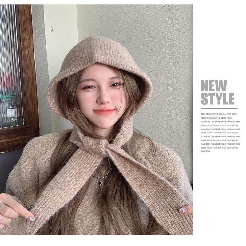 Korean Hood Scarf Balaclava Hat Ear Protection Warm Bomber Hats Women Retro Strap Bow Beanies Winter Accessories Knitted Law Hat