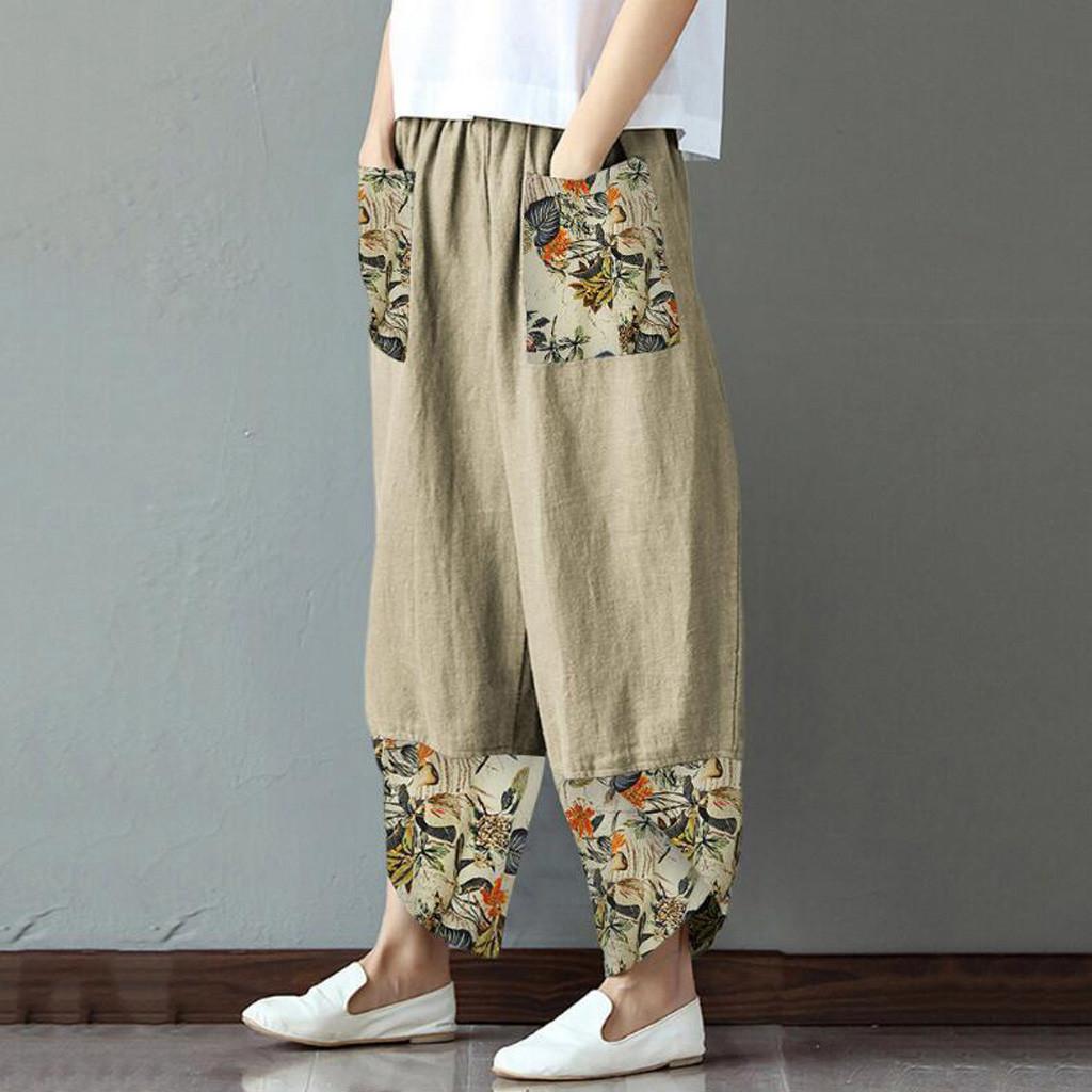Women Casual Cotton Linen Print Patchwork  Irregular Loose Wide Leg Pants