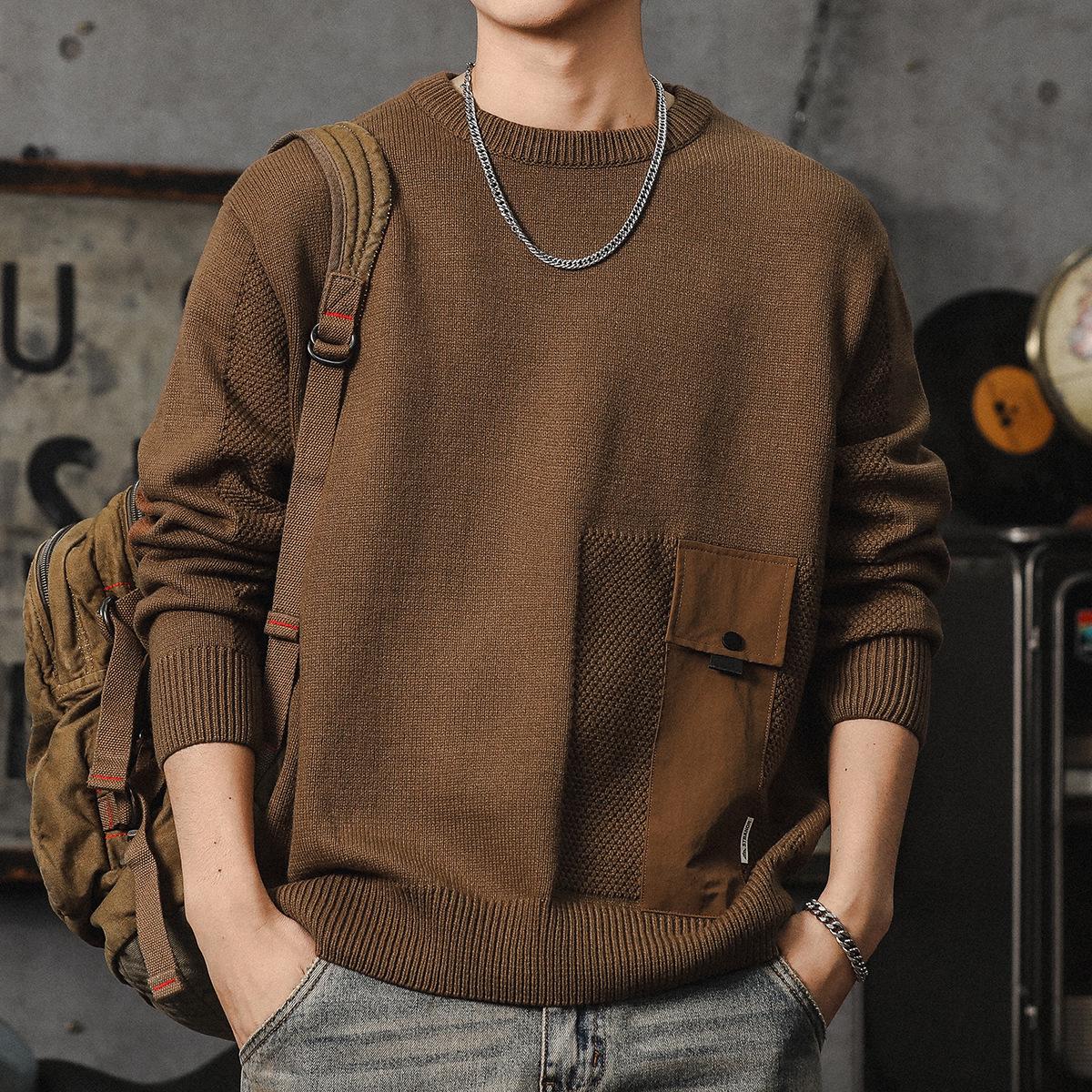 Мужской вязаный свитер в американском ретро стиле, тяжелый, свободный, с круглым вырезом – 2024 S (100-115 jin) хаки