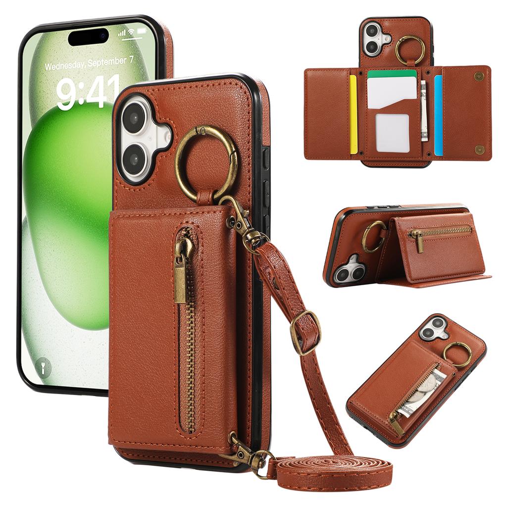 For iPhone 16 Leather Back Cover Zipper Wallet Kickstand Phone Case with Shoulder Strap