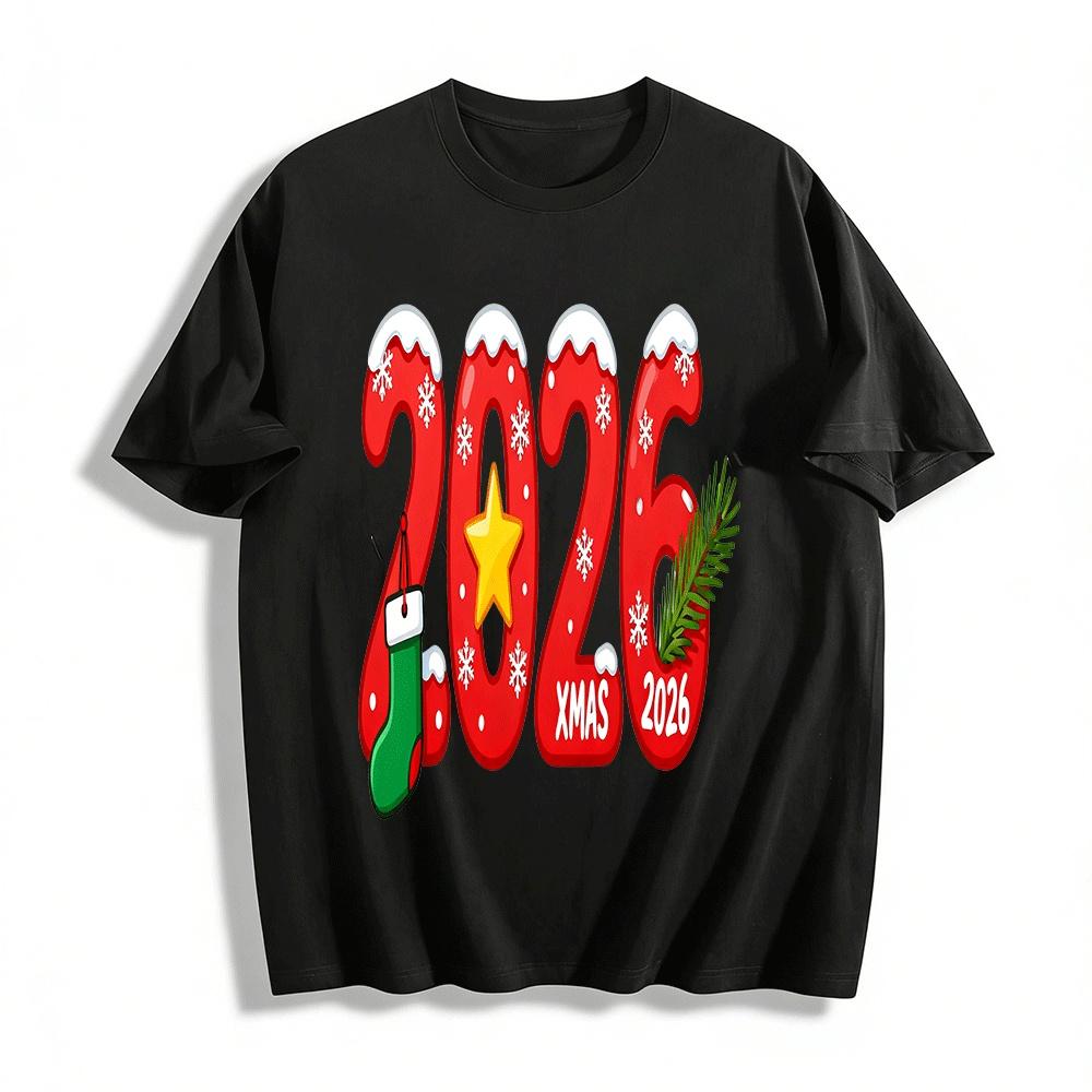 2026 Christmas Snowflake Number Print Festive Casual Top Pure cotton T-shirt XXS
