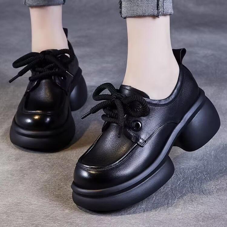 British style platform muffin heel small leather shoes women's autumn 2025 new lace-up loafers versatile casual shoes