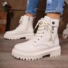 New Women Platform Boots Solid Color Lace Up Side Zipper Ankle Boots Winter Women Shoes Large Size Ladies' Shoes
