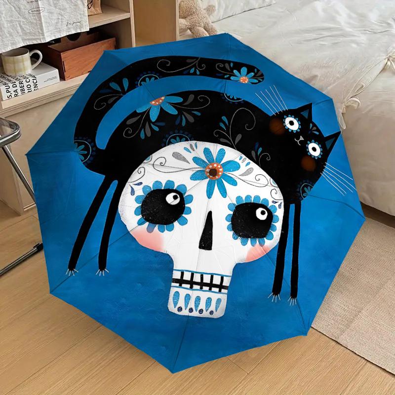 1PC Sugar Skull Cat Auto Folding Umbrella - Compact 8-Rib Design, Durable Plastic & Iron, Lightweight for Outdoor Daily Use097