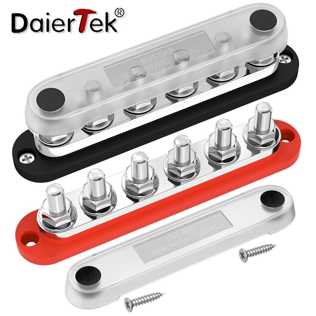 DaierTek 300A Negative Bus Bar 12V Distribution Block 6 X 3/8" M10 Terminal Studs 48V DC Positive Ground Busbar for Automotive