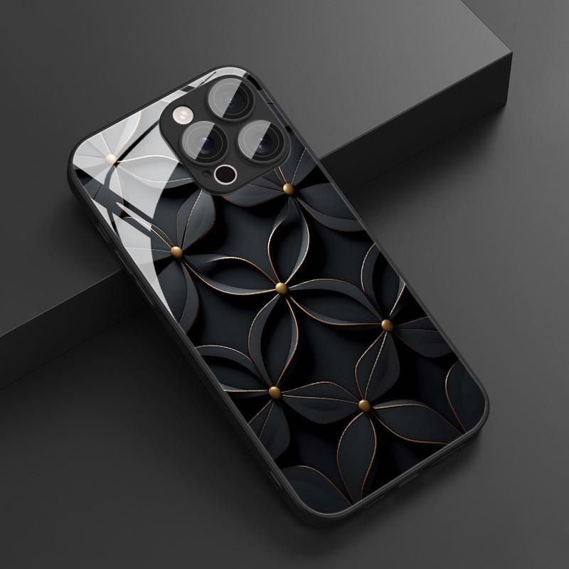 Black artistic flower Tempered Glass Phone Case For iPhone 17 Pro Max 11 12 13 14 15 16 Pro 17Air 16E 7 8 Plus XR XS Max Cover