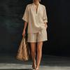 Cotton and Linen V-neck Shirt and Shorts Two-piece Set, Loose and Lazy Casual Commuter Suit for Women