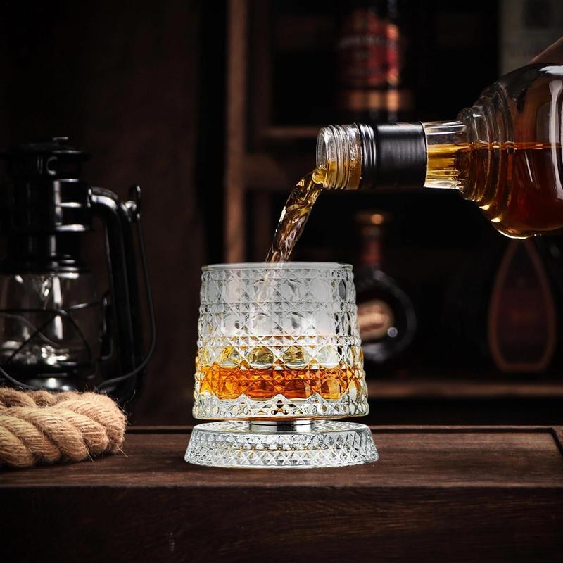 Whiskey Glasses Rotating Whisky Glass with Glass Base 360 Rotate Degrees Crystal Rum Glass for Cocktail Party Drinking