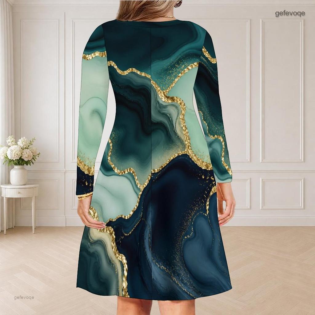 Women Plus Size V Neck Long Sleeve Colorful Swirl Printed Curved Hem Dress