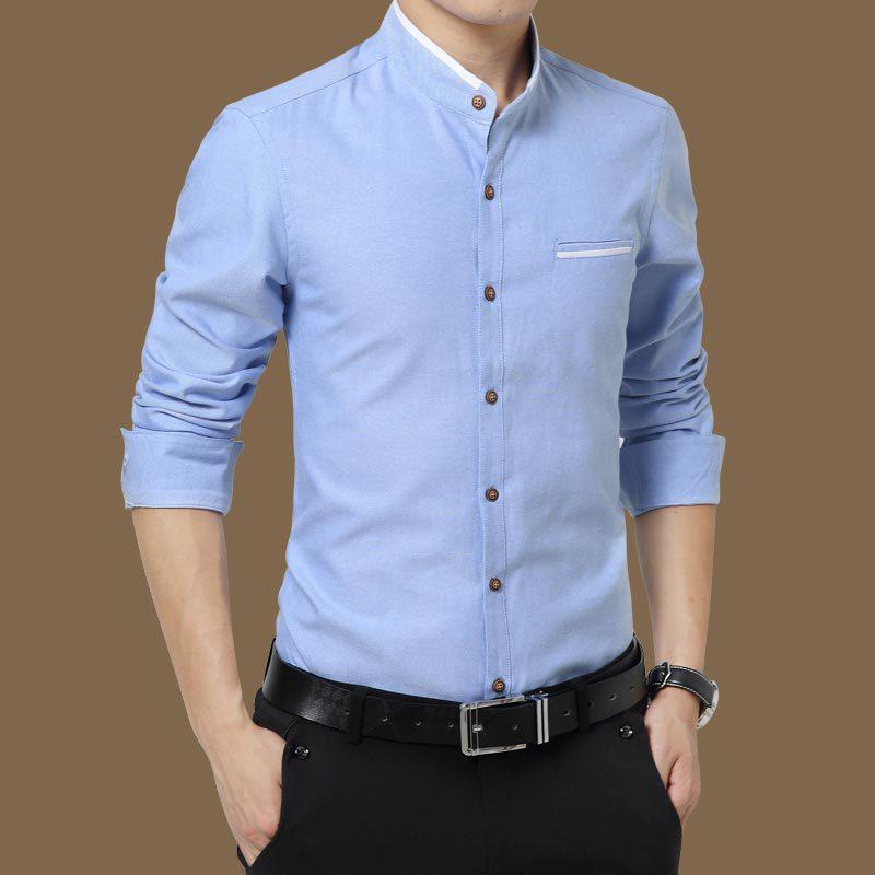 Men's 2018 White Stand Collar Cotton Business Shirt, Plus Size