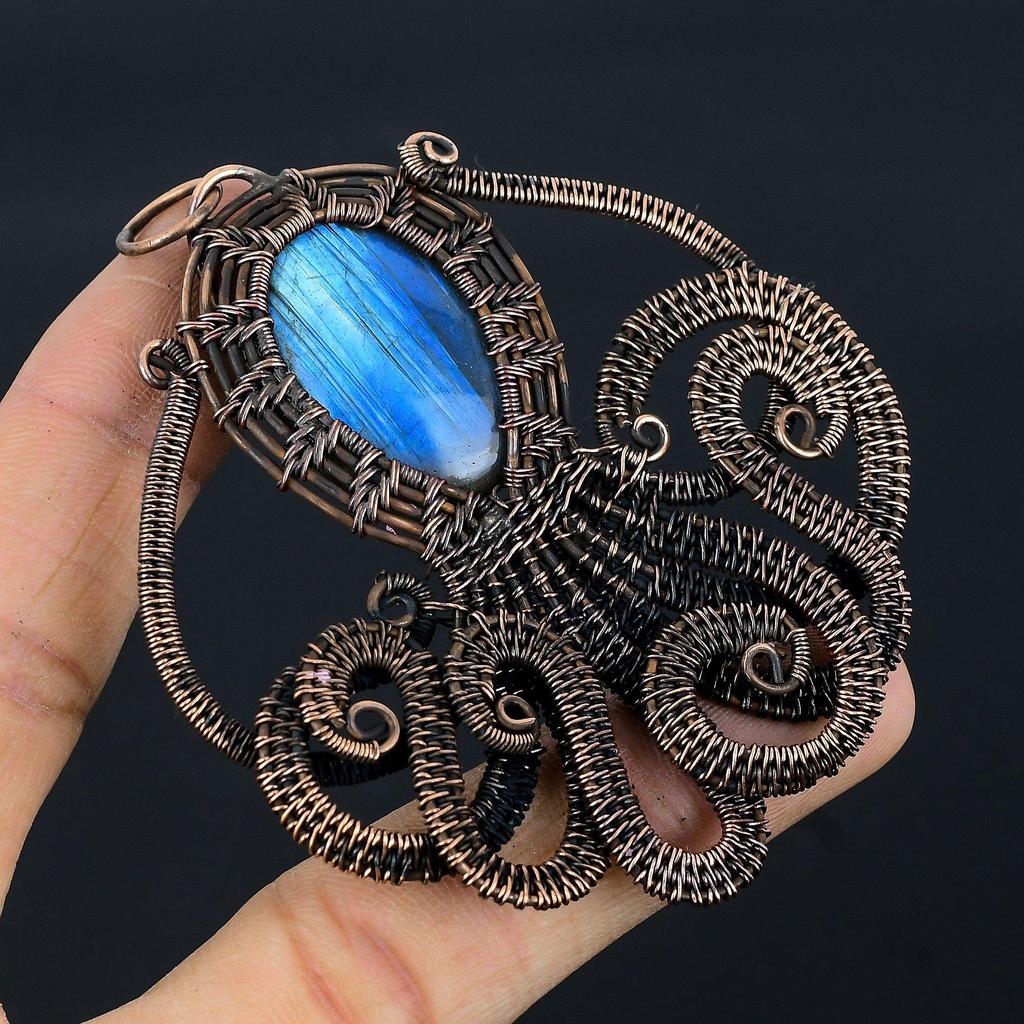 Labradorite Pendant, Handmade Gemstone 999 Copper Wire Wrapped Pendant Antique Jewelry, For Gift Silver Jewelry