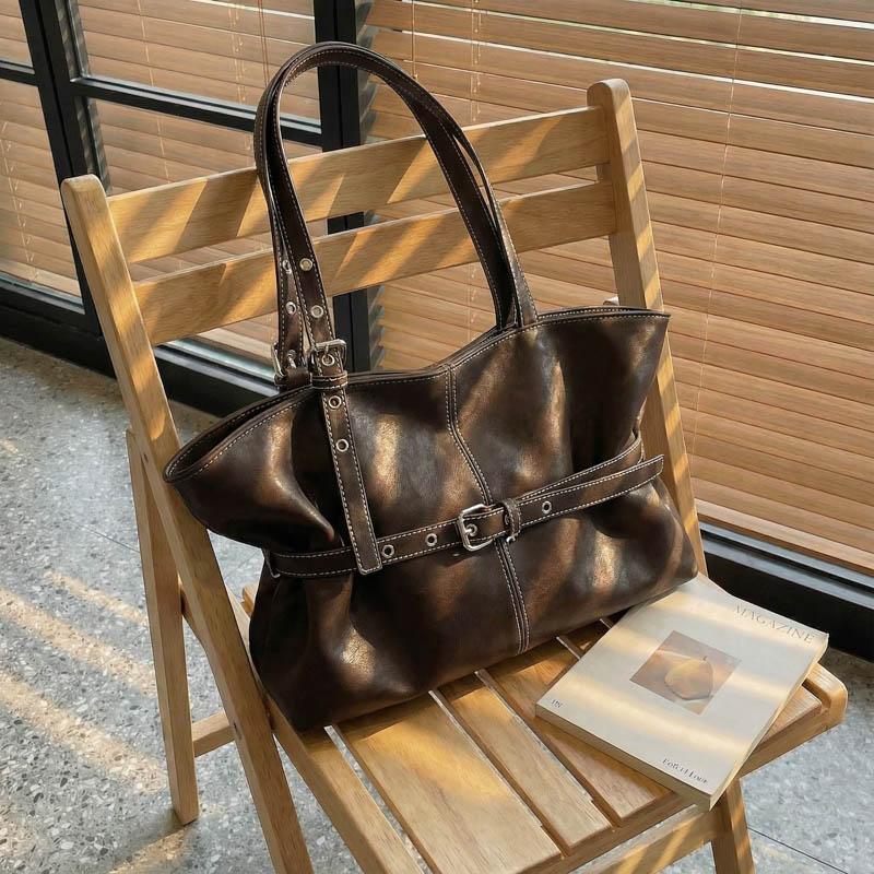 Womens Casual PU Leather Tote Bag Belt Buckle Detail Stitch Accent Large Capacity Minimalist Daily Bag for Commute Travel Everyday Use Durable