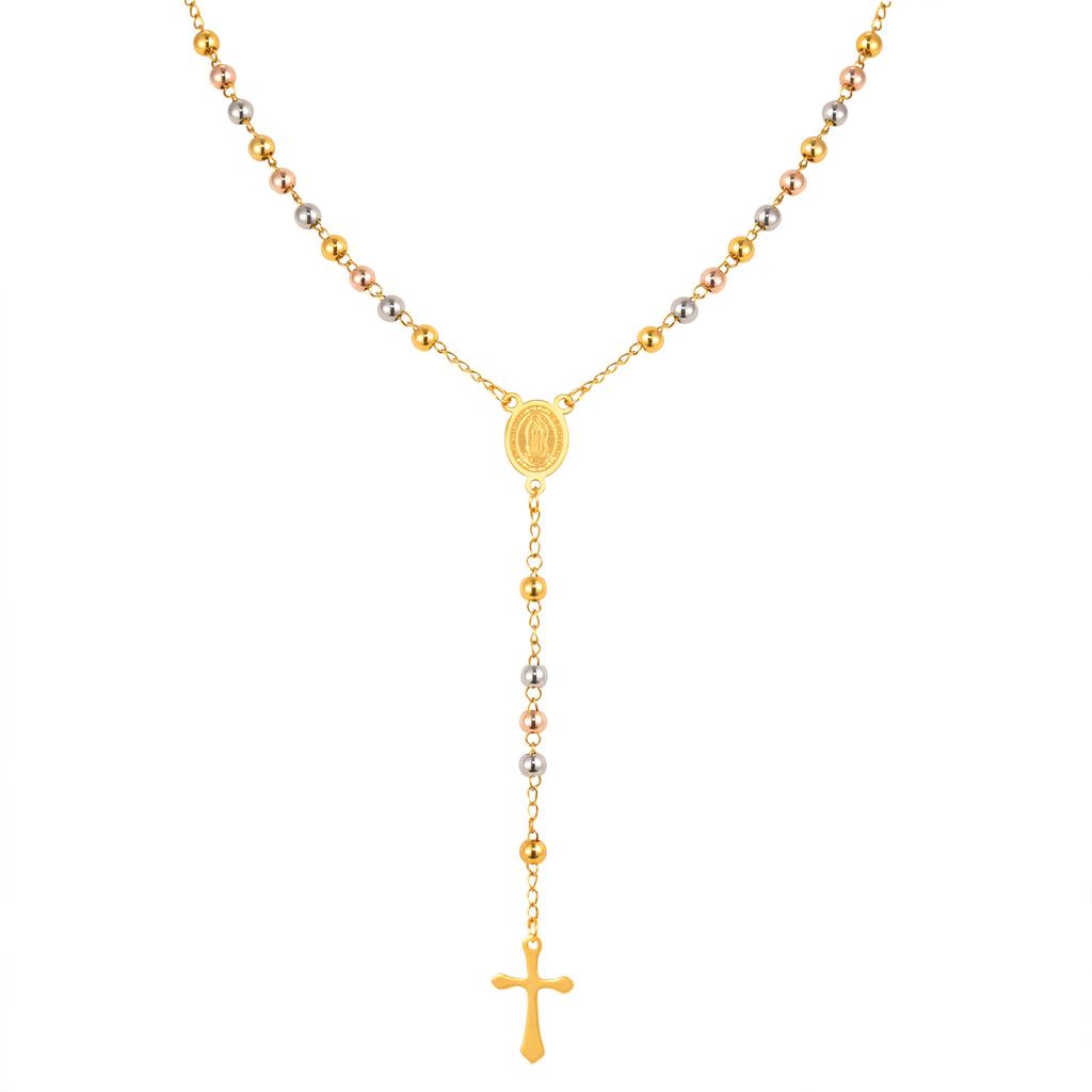 Triple Tone Beaded Rosary Cross Necklace, Stainless Steel Long Chain Crucifix Rosary Chain Y Necklace Women Religious Jewelry